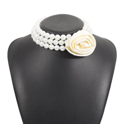 Rose decor faux pearl layered necklace