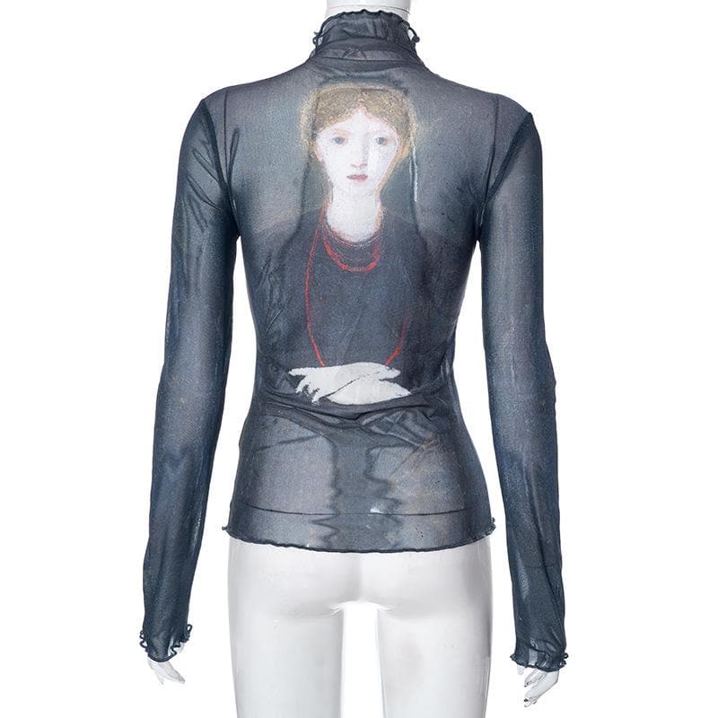 Ruffle see through sheer mesh long sleeve oil painting print top