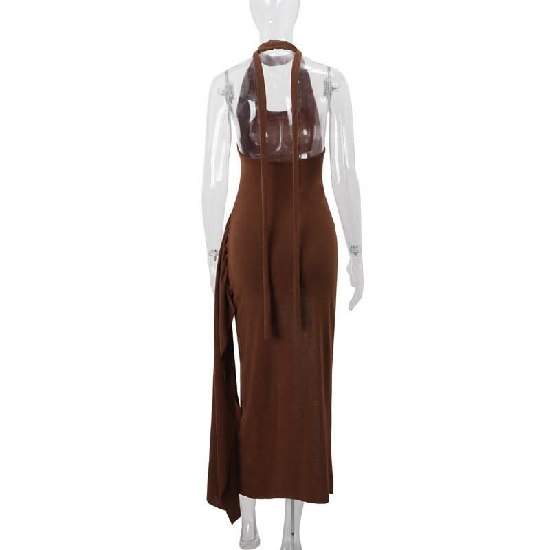 Halter slit irregular knitted ruched midi dress