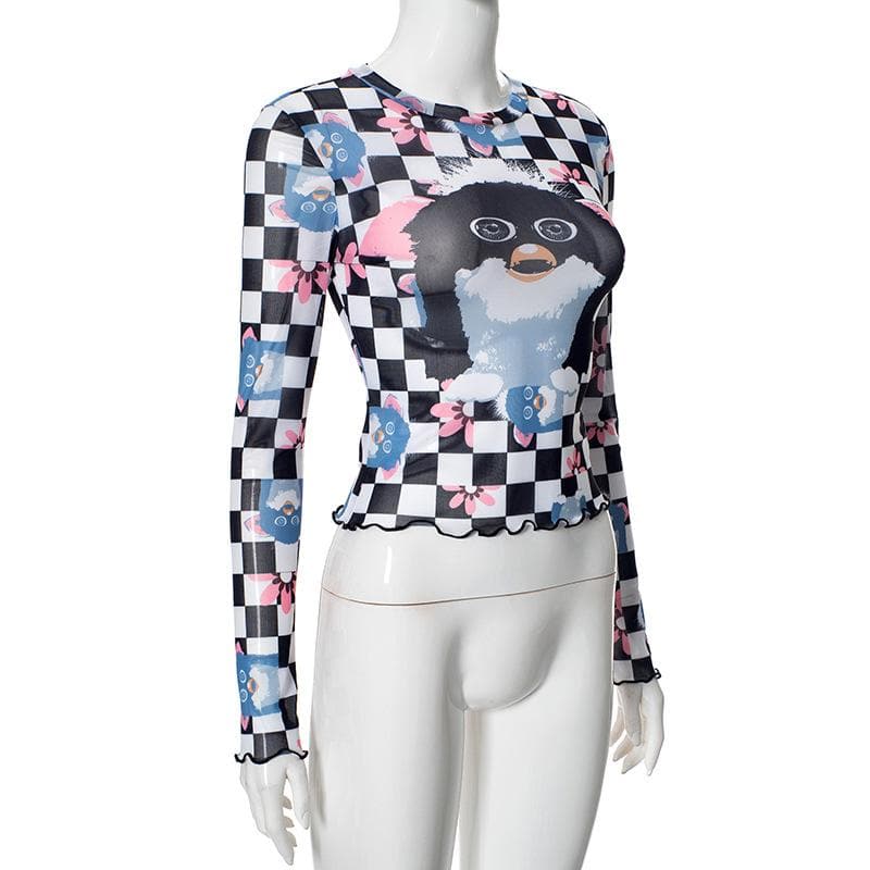 Long sleeve plaid print sheer mesh top