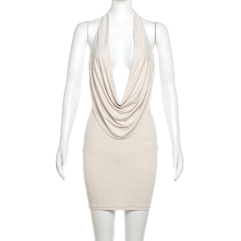 Halter cowl neck beaded low cut mini dress