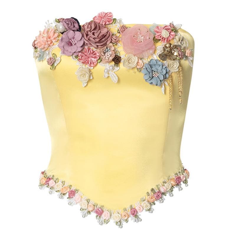 Satin bustier flower applique zip-up tube top