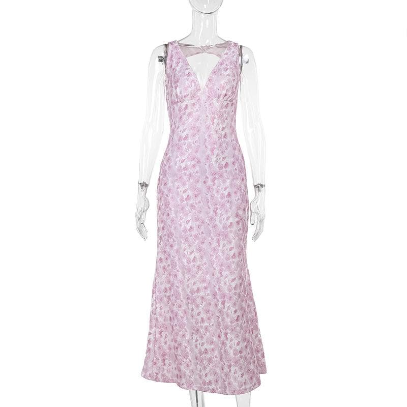 Textured v neck backless print tank midi dress