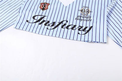 Turnover collar long sleeve striped letter print top