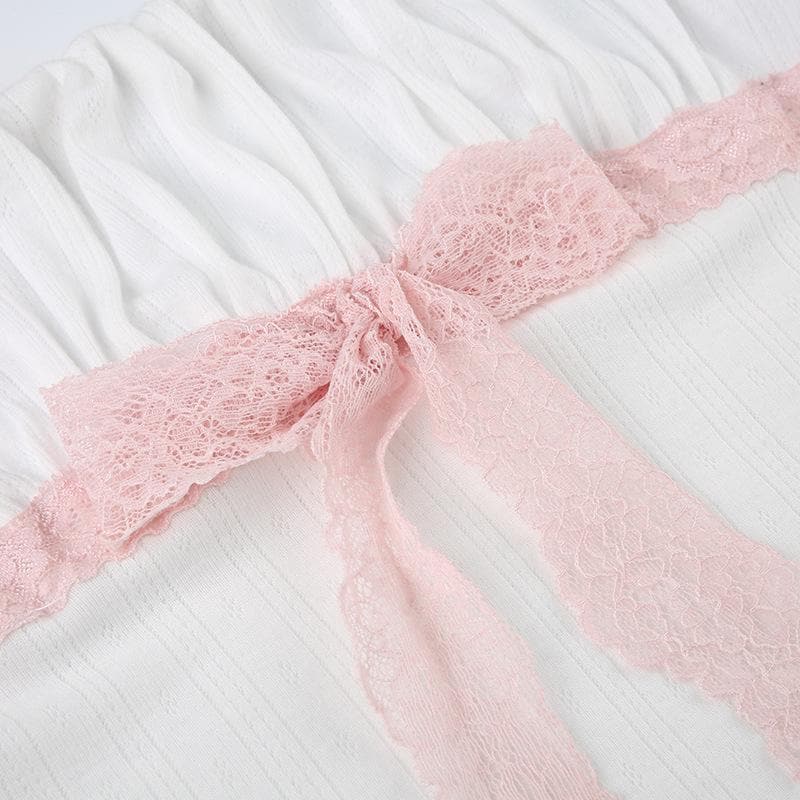 Ruched lace hem bowknot ruffle cami top