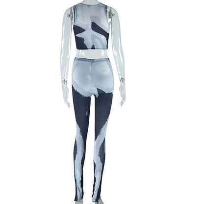 U neck zip-up print contrast crop pant set