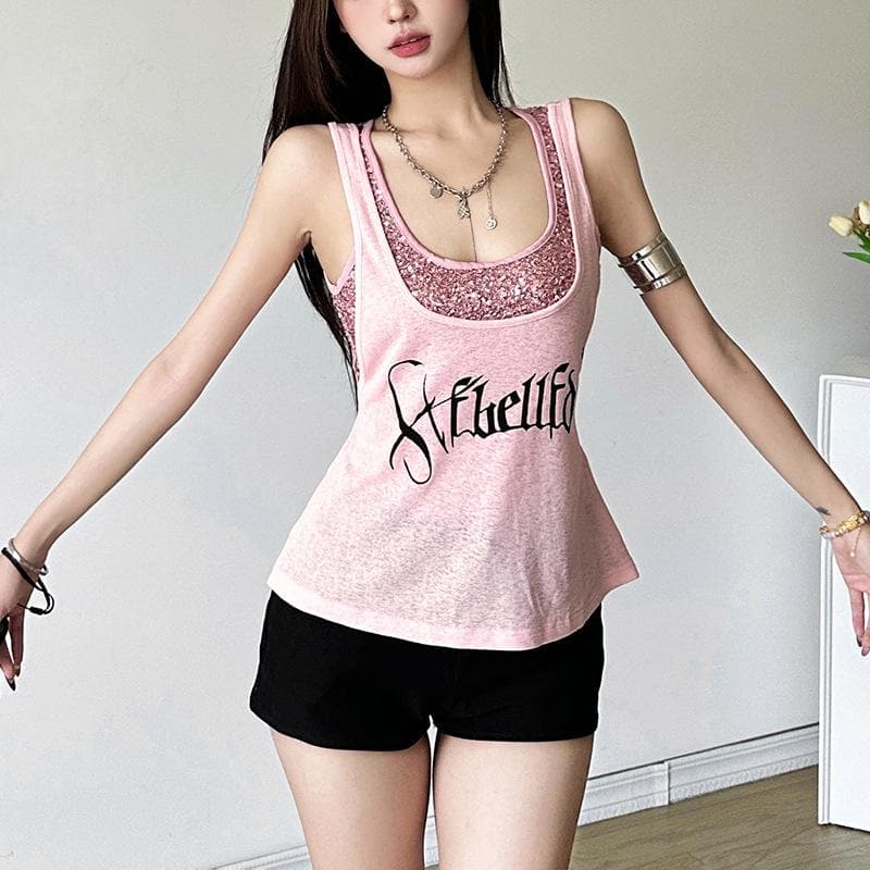 U neck glitter letter print 2 piece top