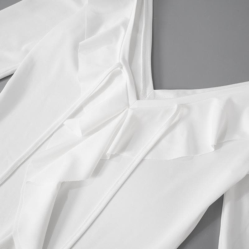 Long flared sleeve ruffle v neck mini dress