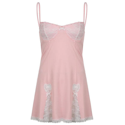 Low cut bowknot lace ruffled cami A line dress
