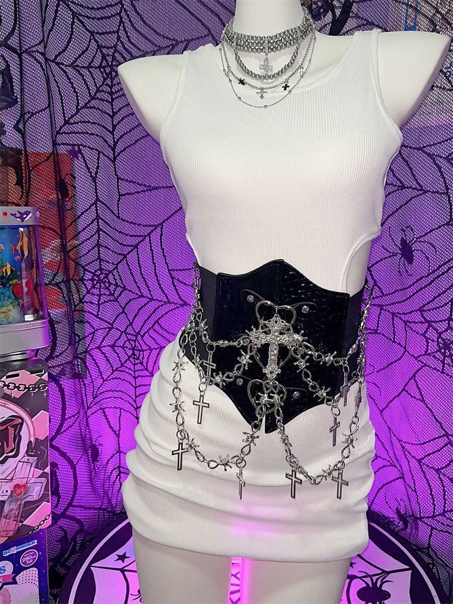 PU leather metal chain cross applique waist chain
