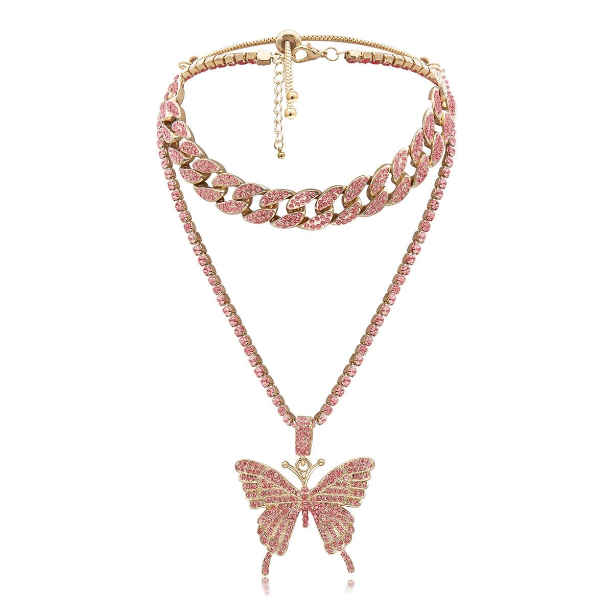 Butterfly pendant rhinestone cuban 2pcs necklace