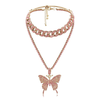 Butterfly pendant rhinestone cuban 2pcs necklace