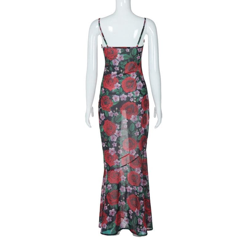 Cowl neck flower print zip-up contrast backless cami maxi dress