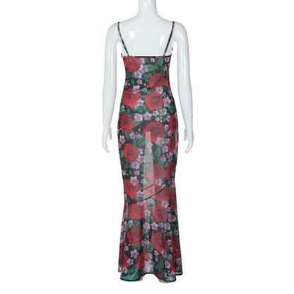 Cowl neck flower print zip-up contrast backless cami maxi dress