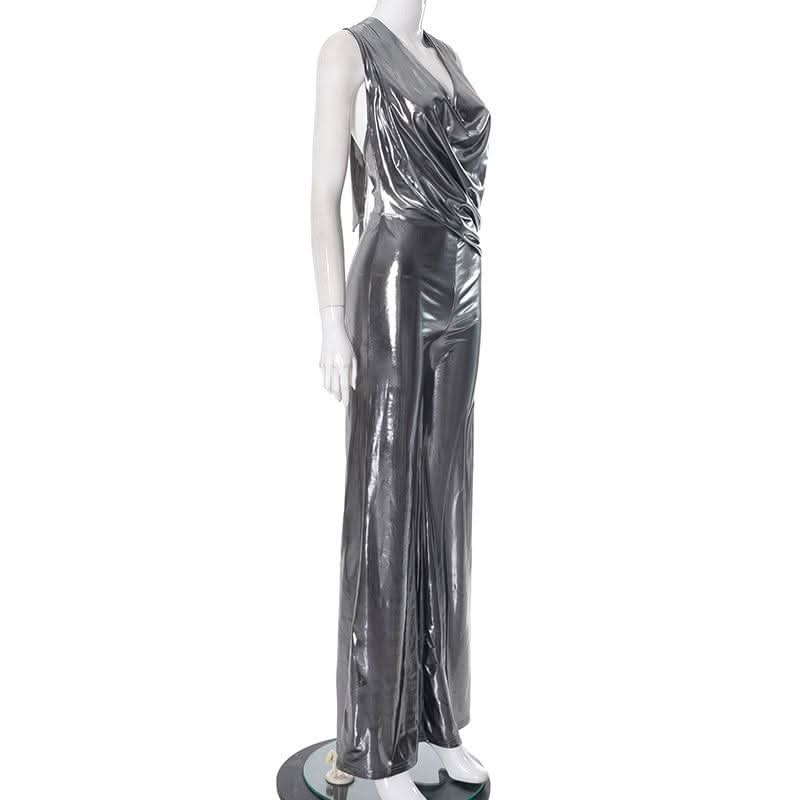 Metallic ruched halter self tie cowl neck jumpsuit