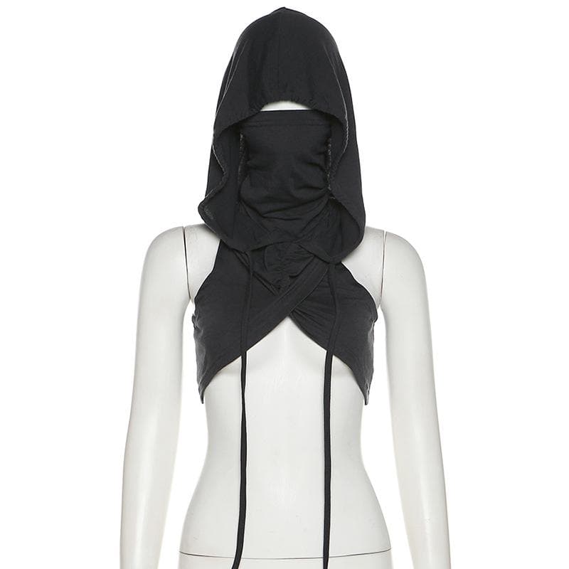 Sleeveless hoodie drawstring cross front ruched top