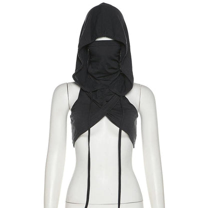 Sleeveless hoodie drawstring cross front ruched top