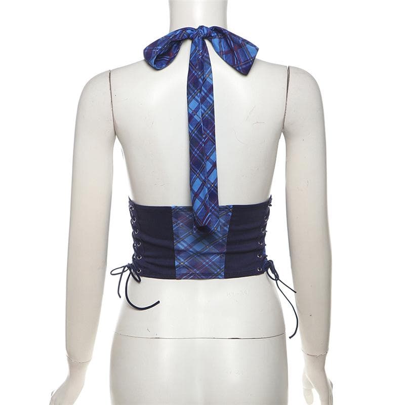 Halter button plaid print lace up top