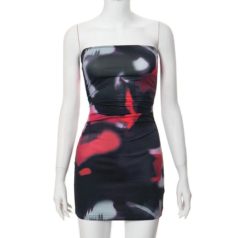 Ruched print contrast backless abstract tube mini dress