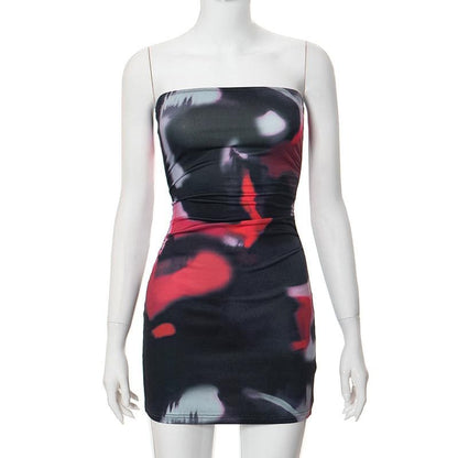 Ruched print contrast backless abstract tube mini dress