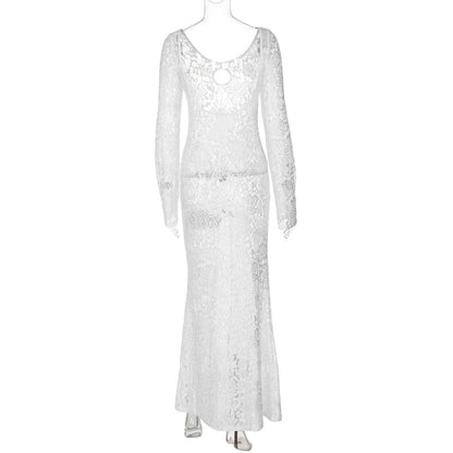 Long sleeve lace hollow out cut out midi dress