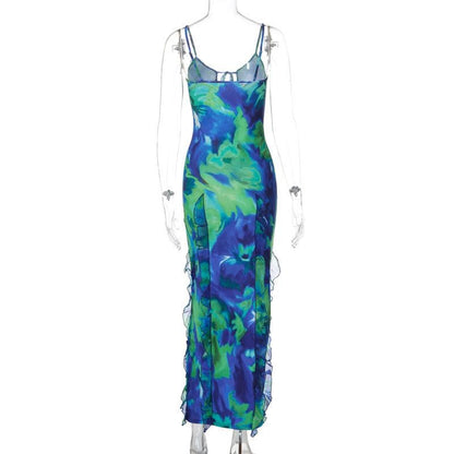 Tie dye ruffle cami maxi dress