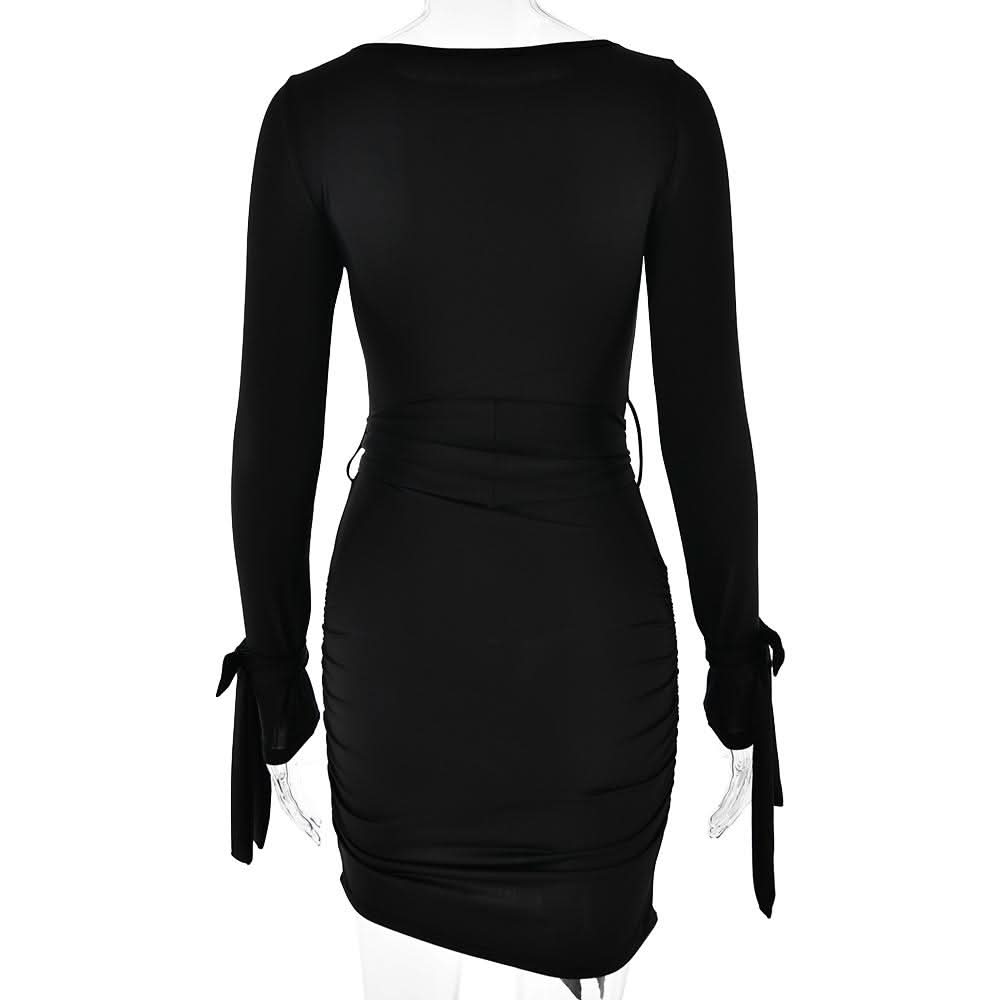 Long sleeve bowknot ruched knotted mini dress