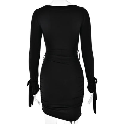 Long sleeve bowknot ruched knotted mini dress