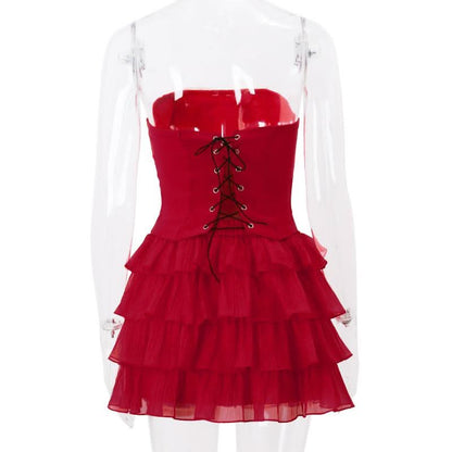 Bowknot applique ruched ruffle lace up tube mini skirt set