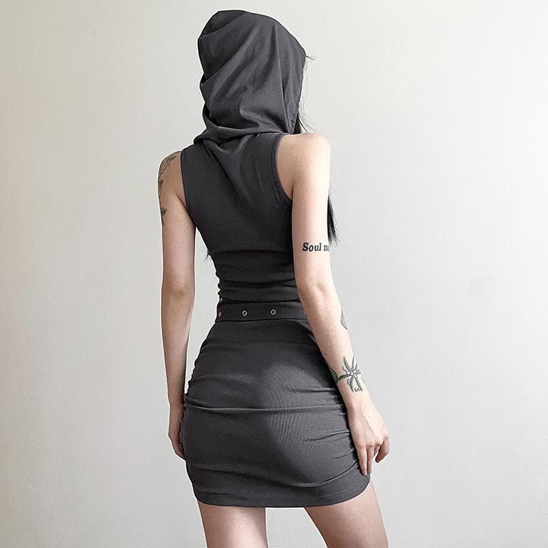 Hooded Mock Neck Eyelet Belt Ruched Side Mini Dress