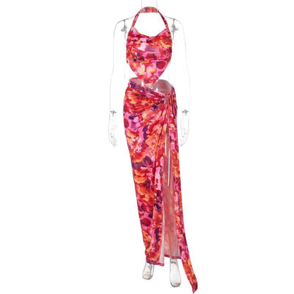 Halter flower print o ring slit maxi skirt set-final-sale