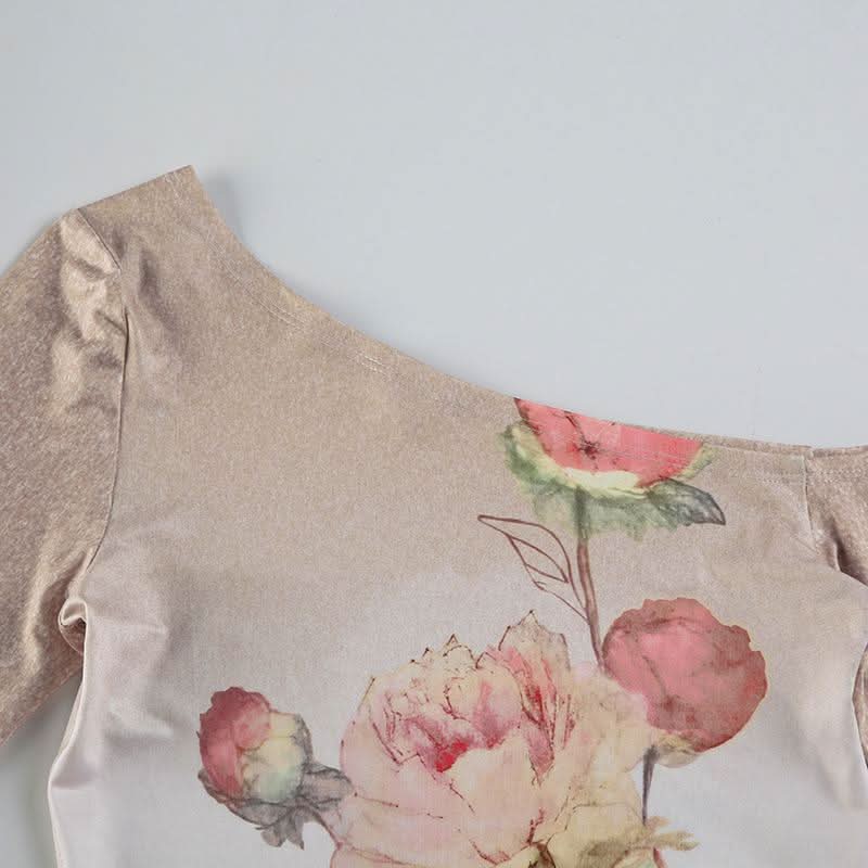 Long sleeve one shoulder flower print gradient top