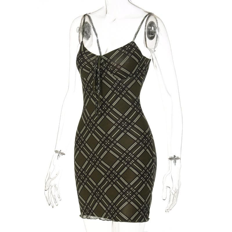 Plaid Lace-Up Front Spaghetti Strap Bodycon Cami Mini Dress