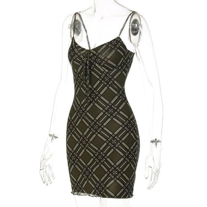 Plaid Lace-Up Front Spaghetti Strap Bodycon Cami Mini Dress