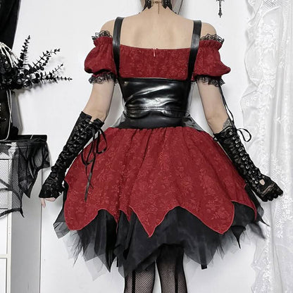 Off shoulder short sleeve lace hem ruffle bowknot mini dress