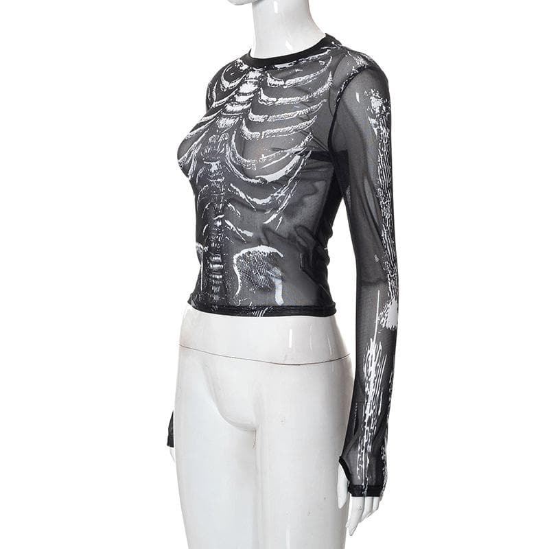 Sheer mesh contrast print see through gloves long sleeve top