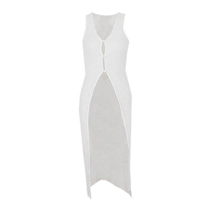 U neck slit button solid sleeveless long top