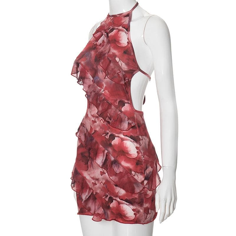 Halter self tie flower print backless ruffle mini dress