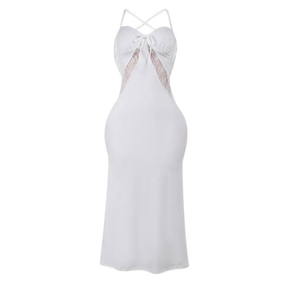 Self tie cross back v neck lace ruched midi dress