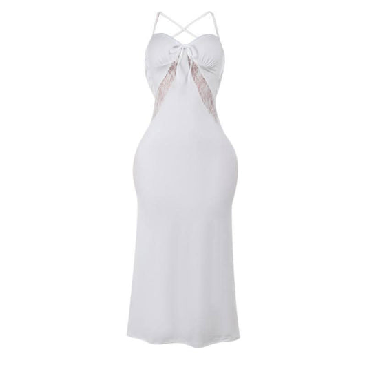 Self tie cross back v neck lace ruched midi dress