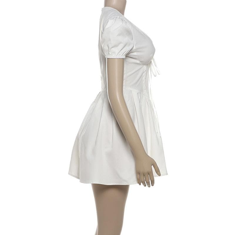 Puff sleeve v neck bowknot zip-up mini dress