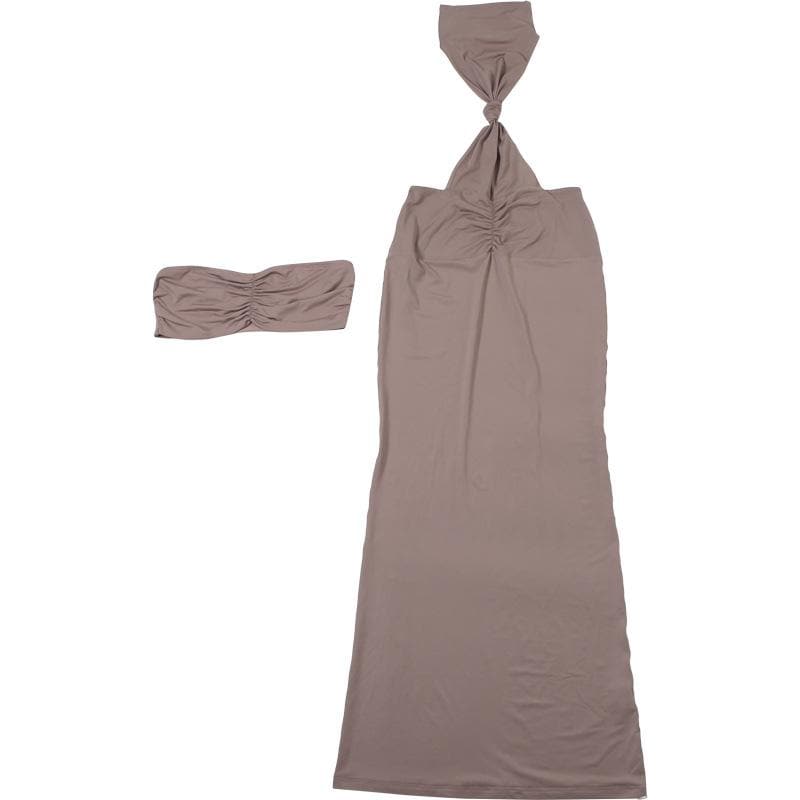 Halter ruched backless tube 2 piece maxi dress