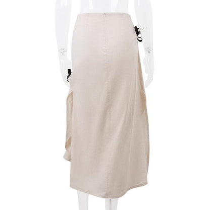 Bowknot ruched zip-up slit irregular contrast midi skirt