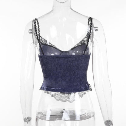 Metal cross lace velvet patchwork cami top