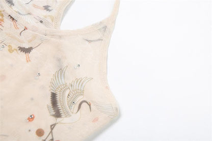 U neck sheer mesh print beaded tank top