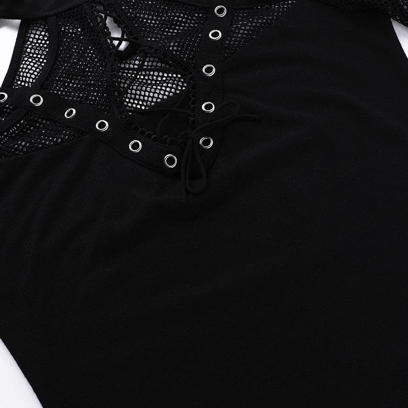 Short sleeve fishnet hollow out patchwork cut out top