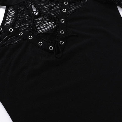 Short sleeve fishnet hollow out patchwork cut out top