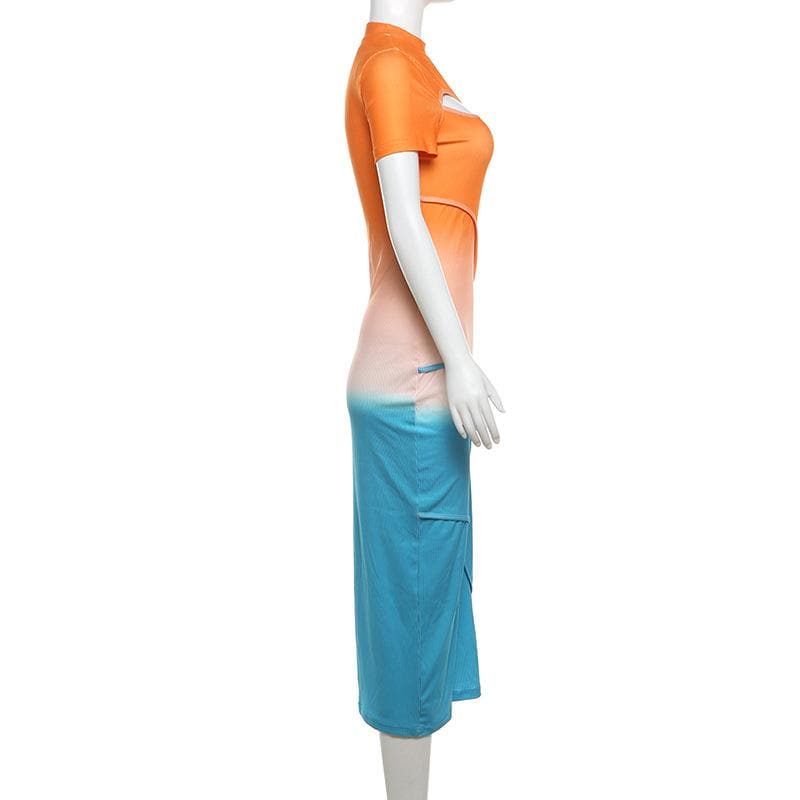Short sleeve crewneck stitch contrast hollow out cut out midi dress