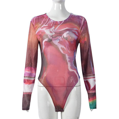 Long sleeve sheer mesh crewneck print bodysuit