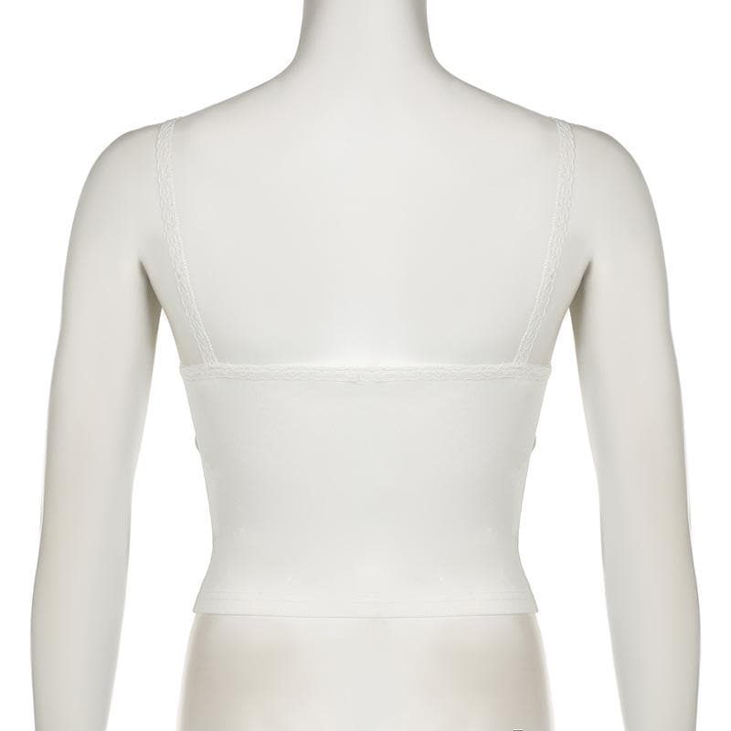 Bowknot ribbon lace hem backless solid cami top